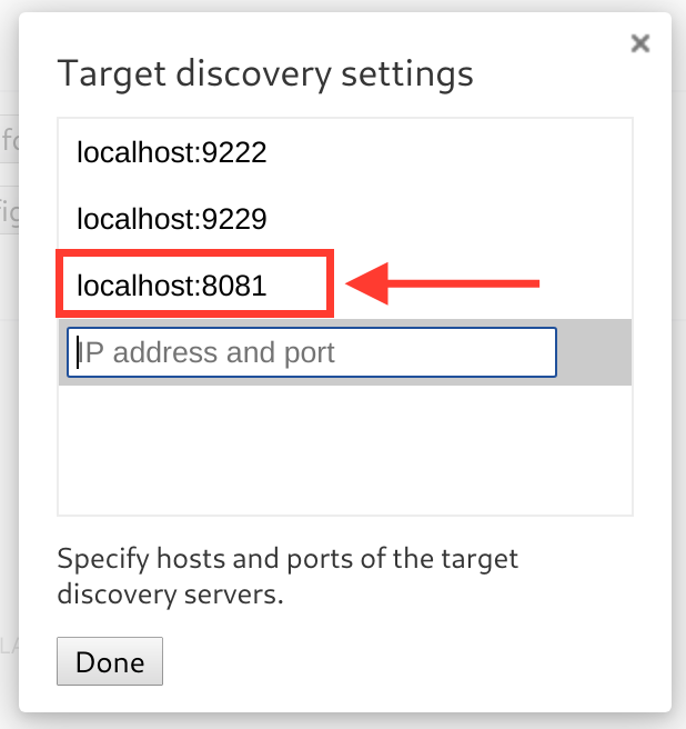 Dialog for adding Chrome DevTools network targets